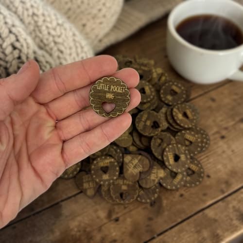 Positive Wooden Pocket Hugs Cutouts | 100 Laser Engraved Wood Hearts with Positive Pocket Hug Messages | Family Keepsake and Rememberance Gift - style: Little Pocket Hugs Chip