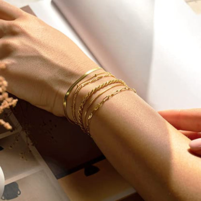 DEARMAY Gold Bracelets for Women Waterproof, 14K Gold Plated Stackable Jewelry Sets Non Tarnish Trendy Thin Dainty Cuban Link Paperclip Chain Bracelet Stack Fashion Accessories Gifts for Womens - style: 6Pcs BRACELET