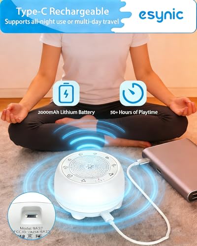 eSynic Rechargeable Tibetan Singing Bowl for Meditation-38 Sounds White Noise Machine with Night Light & 30H Battery-15-90 Timer-Wireless-Sound Healing Device for Yoga Sleep Therapy Stress Relief