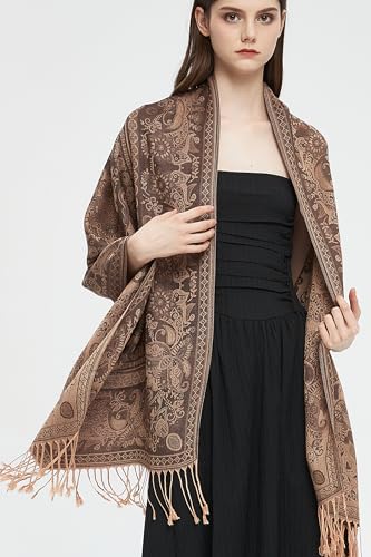 Pashmina Shawl Wrap with Ethnic Paisley Two Tone Jacquard Scarf for Women - color: Black Beige