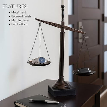 Bey-Berk Personalized “Find Your Balance” Justice Scale (Black), 16" Bronze-Finished Decorative Scale, Hand-Crafted Metal Cast on Marble Base