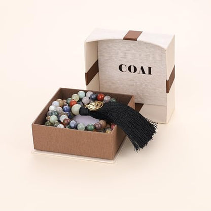 COAI Hand Knotted Tassel 108 Mala Beads Stone Beaded Necklace for Yoga Meditation - style: Multi-Color Stone