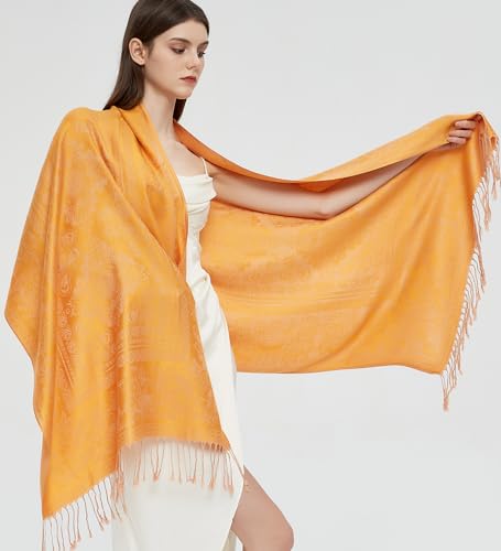 Pashmina Shawl Wrap with Ethnic Paisley Two Tone Jacquard Scarf for Women - color: Orange