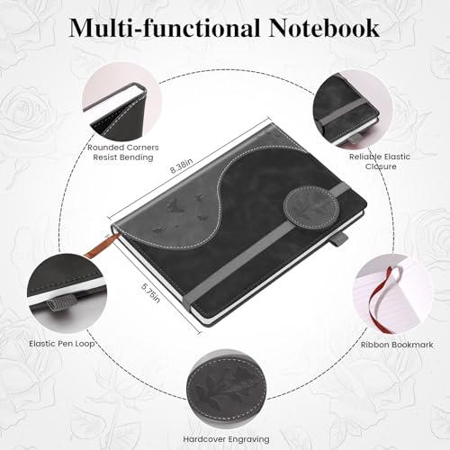 Lined Journal Notebook, A5 Hardcover Leather Journal for Men Women, 200 Pages 100 GSM Thick Paper, Journaling Notebooks for Work School Travel Note Taking, Black - color: black