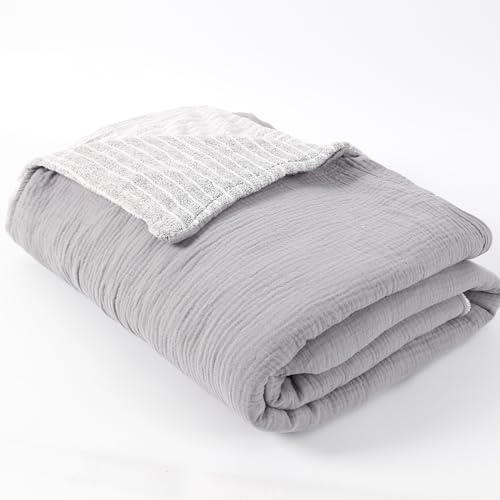 Muslin Cotton Throw Blanket with Flannel for Bed,Super Soft Muslin Blanket with Cozy Flannel for Adults 55 * 72inches,Grey. - color: Grey