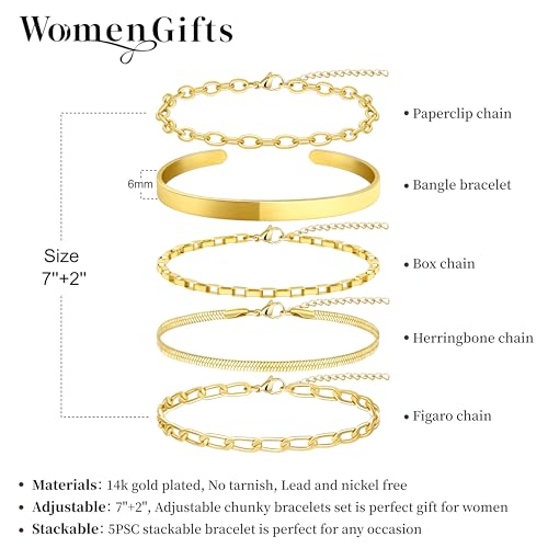 Dainty Gold Bracelet for Women Stack, Thin Bracelets Stackable Set with Bangle Cuff, Box, Herringbone, Paperclip, Figaro, Sparkling Link Chains Waterproof, Simple Jewelry Gifts for Women Non Tarnish - color: style 04-gold