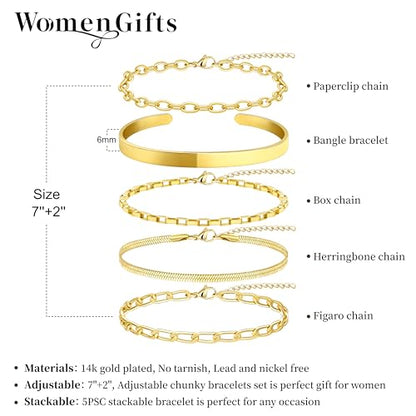 Dainty Gold Bracelet for Women Stack, Thin Bracelets Stackable Set with Bangle Cuff, Box, Herringbone, Paperclip, Figaro, Sparkling Link Chains Waterproof, Simple Jewelry Gifts for Women Non Tarnish - color: style 04-gold
