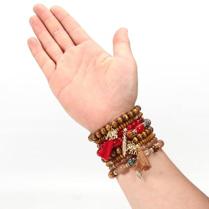 Caiyao 4Pcs Bohemia Multilayer Stackable Elephant Leaf Tassel Bracelets Colorful Wooden Resin Beaded Stretch Bracelets for Women Men Summer Beach Boho Vacation Hawaii Jewelry Gifts - style: StyleC