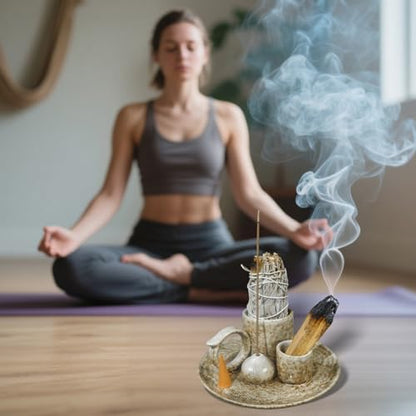 MOUGIGI 5.1Inch 5-in-1 Ceramic Smudge Bowl Brown - Incense Stick Holder, Small Candle Holder, Smudge Bowl/Dish, Fits Palo Santo, Sage.Zen Altar for Meditation/Yoga, Aromatic Scents, Easy to Clean - color: Multifunctional Palo Plate-brown