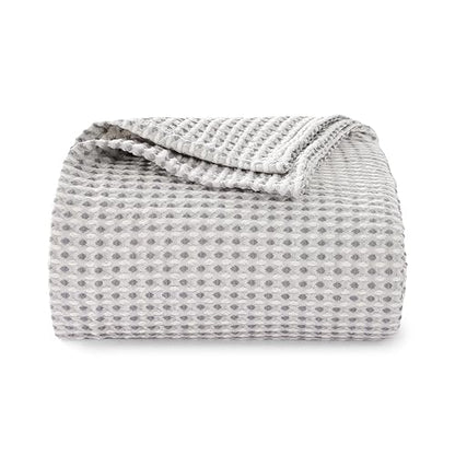 Lightweight Cotton Waffle Blanket Twin Size, Modern Two-Tone Check Pattern, Soft & Breathable for Bed, Couch, Sofa, All Seasons –Gray/White, 60"x80" - color: Gray/White, size: Twin