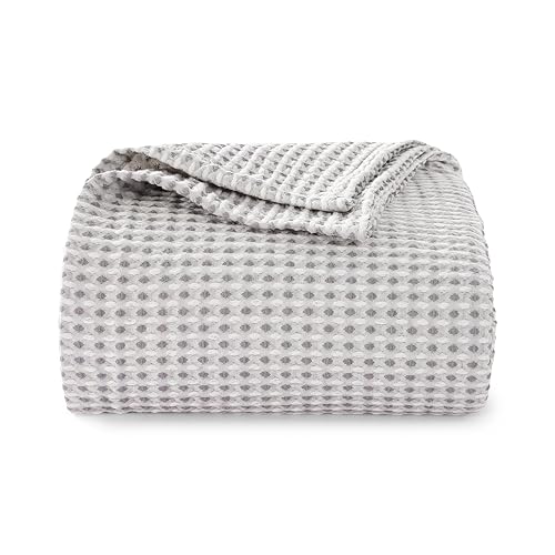 Lightweight Cotton Waffle Throw Blanket, Modern Two-Tone Check Pattern, Soft & Breathable for Bed, Couch, Sofa, All Seasons –Gray/White, 50"x60" - color: Gray/White, size: Throw