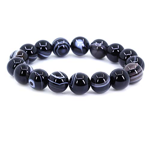 Keleny Semi Precious Stones Natural Gemstones 12mm Round Beads Crystal Stretch Bracelets 7 Inch Unisex - color: Black Striped Agate