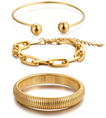 Chunky Gold Bangle Bracelets for Women, Dainty 14k Gold Plated Big Stackable Bangles Set, Trendy Statement Cuff Bracelet Stack Fashion Jewelry Gifts - style: Chain bracelets & bangles