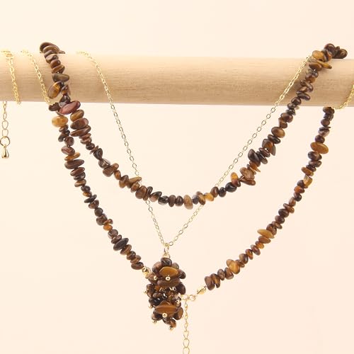 2Pcs Crystal Necklace for Women Handmade Choker Necklaces Pendant Necklace Natural Stone Gemstone Beaded Necklace 18k Gold Plated Adjustable Dainty Necklace for Women - color: Tigers Eye