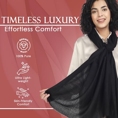 Ultra-Thin Merino Wool Scarf Soft & Warm, Featherlight Cozy Luxurious Shawl For Women, Perfect For Travel - color: Black