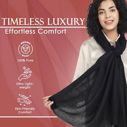 Ultra-Thin Merino Wool Scarf Soft & Warm, Featherlight Cozy Luxurious Shawl For Women, Perfect For Travel - color: Black