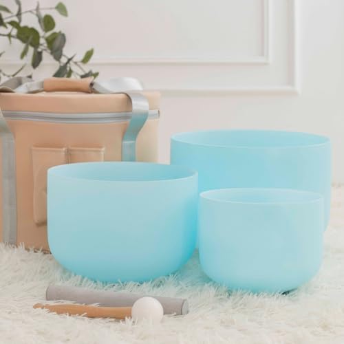Hye-eun 7PCS 432Hz Crystal Singing Bowl Set, 6-12 inch Blue Frosted Quartz Sound Bowls for Chakra Healing Meditation Yoga Stress Relief with Bags - color: 6-12inch 432hz Blue 7PCS