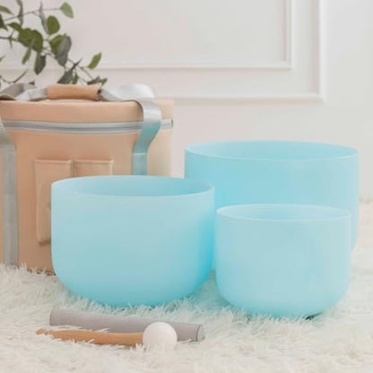Hye-eun 7PCS 432Hz Crystal Singing Bowl Set, 6-12 inch Blue Frosted Quartz Sound Bowls for Chakra Healing Meditation Yoga Stress Relief with Bags - color: 6-12inch 432hz Blue 7PCS