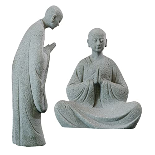 GALPADA 2pcs Stone Monk Statue Zen Garden Figurines for Indoor and Outdoor Decor Stone Material Charming Monk Sculptures for Home and Aquarium Decoration