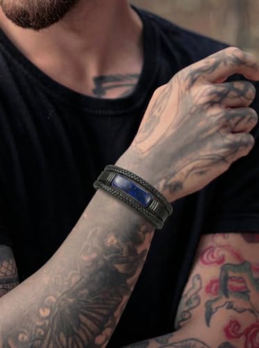 Mens Black Leather Obsidian/Turquoise/Tiger Eye/Red Agate Bracelet–Braided Multi‑Layer Wristband Cuff Bangle Bracelet with Stainless Steel Clasp Gift Jewelry Box Included - color: Lapis Lazuli, size: 9in(Fits larger wrists)