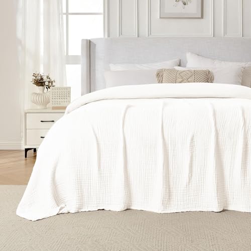Joydeco 100% Cotton Muslin Throw Blanket for Couch Bed and Sofa, 4-Layer Lightweight and Breathable Soft Gauze Blanket for All Season, Luxury Throws Cotton Blanket Gift(White, 90"x90") - color: White, size: Queen (90" x 90")