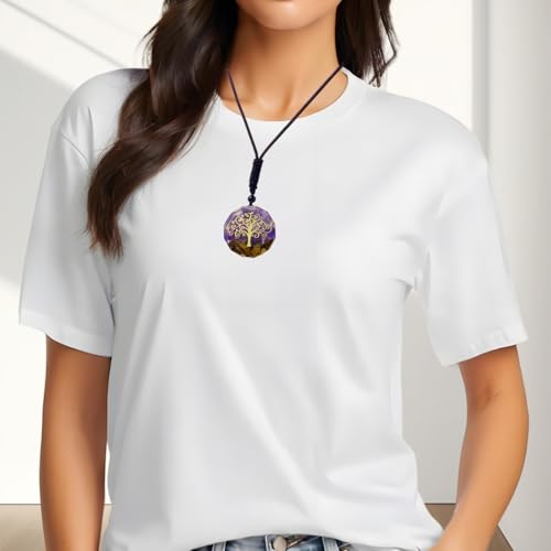 EDEN'S CALL Orgone Necklace, Tree of Life Orgonite Healing Crystal Stone Pendant Necklace for Spiritual Healing and Meditation Energy Talisman Sacred Geometry Tiger's Eye Necklaces - color: Purple/Amethyst + Tiger's Eye