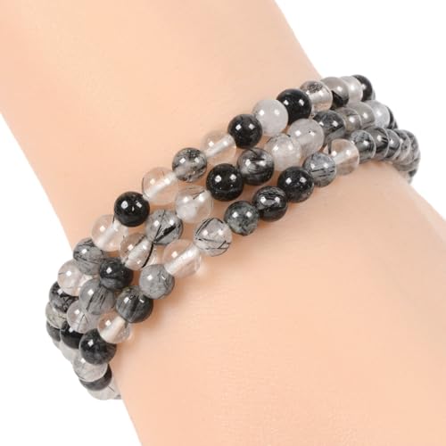 Justinstones Gem Semi Precious Gemstone 3pcs 4mm Round Beads Stretch Bracelet 6.5 Inch Unisex - color: Black Rutilated Quartz