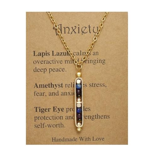 Crystal Intention Necklace for Women – Colorful Gemstone Bar Pendant on Gold Chain with Meaningful Wish Card - style: Anxiety
