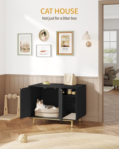 Hzuaneri Cat Litter Box Enclosure,Hidden Litter Box Furniture with Storage, Large Wooden Cabinet with Sisal Mat, Modern Cat Washroom for Living Room, Bedroom, Entryway, Black and Gold CB01504G - color: Black and Gold