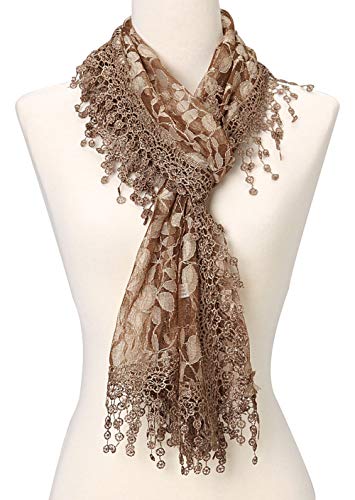 Cindy and Wendy Lightweight Soft Leaf Lace Fringes Scarf Bridal Veils shawl for Women - color: Brown