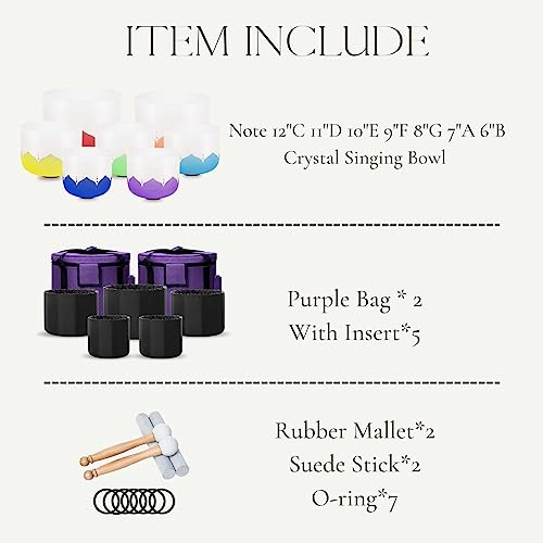6-12inch Color Lotus 432hz Quartz Crystal Singing Bowls Set of 7, for Healing Mindfulness Meditation Yoga Sound Baths with Case Mallet Suede Striker