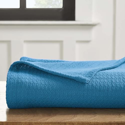 Superior Waffle Weave Cotton Blanket, for Picnic, Beach, Traveling or Camping, Comfy Blanket, Bedroom Decor, Essentials, Cover for Bed, Couch, Lounging, Honeycomb Knit, Throw, Azure