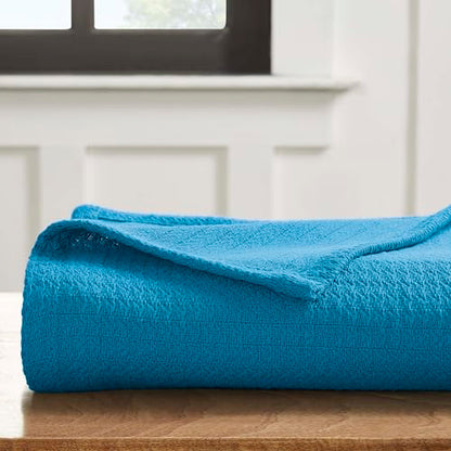 Superior Waffle Weave Cotton Blanket, for Picnic, Beach, Traveling or Camping, Comfy Blanket, Bedroom Decor, Essentials, Cover for Bed, Couch, Lounging, Honeycomb Knit, Throw, Azure