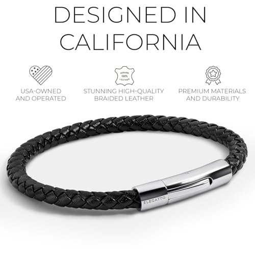 Elegatto Elagio Premium Braided Leather Bracelet for Men | Full-Grain Braided Leather with Sterling Silver Polished Stainless Steel Clasp | Men’s Designer Bracelets