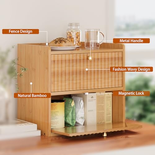 Trironsun Rustic Bread Box for Kitchen Countertop Bamboo Bread Storage Container Bin Double Layer BreadBox Farmhouse Large Capacity Food Organizer (Natural Bamboo) - color: Natural Bamboo