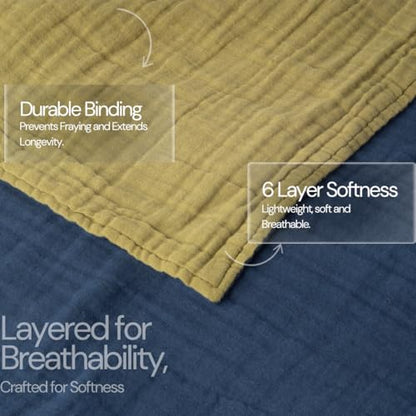 Salt Earth 100% Cotton Muslin Blanket, Gauze Blanket 50"X60" Throw with Tassel 6 Layered, Couch, Bed, Living Room, Home,Lightweight & All Season Blankets & Throws, Skin Friendly (Dress Blue/Mosstone) - color: Dress Blue / Mosstone, size: 50"X60" Throw