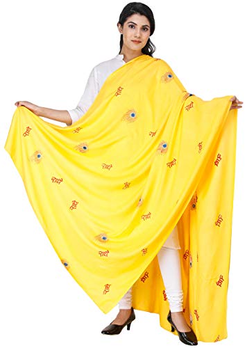 Exotic India Radhe Prayer Shawl with Embroidered Peacock Feather - PolyCotton - color: Lemon Chrome