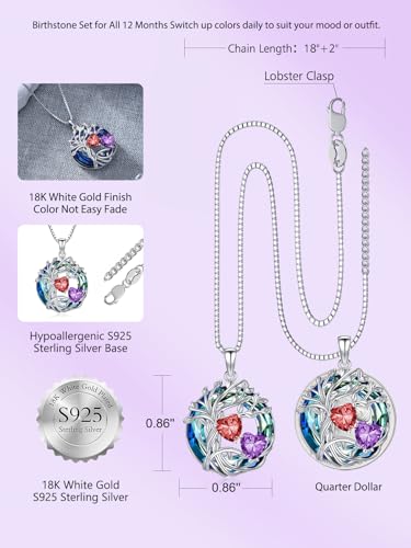 TOUPOP s925 Sterling Silver Family Celtic Tree of Life Pendant Necklaces with 2 Heart Birthstone with Blue Austrian Crystal Jewelry Birthday Valentines Day Gifts for Her, Anniversary Christmas Gifts for Wife Girlfriend Mom (18K Real White Gold Filled) - c
