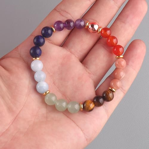 KSQS Healing Stone Bead Bracelet for Women, Natural Gemstones Balance Protection Bracelet, Spiritual Crystal Beads Bracelet Anxiety Relief with Meaning Card - style: Chakra