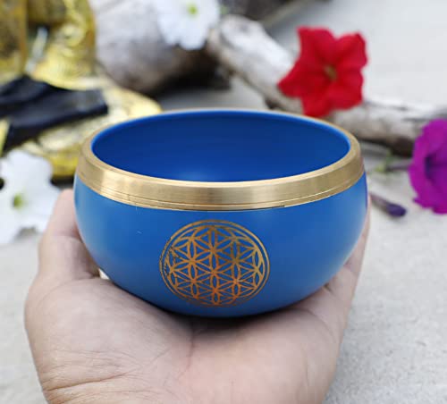 Flower Of Life Singing Bowl Complete Set ~ For Meditation, Yoga, Spiritual Healing and Mindfulness (Blue) - color: Blue
