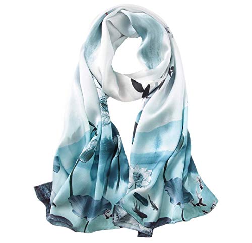 100% Mulberry Silk Long Scarf for Women Large Shawls for Headscarf and Neck- Oblong Hair Wraps with Gift Packed - color: Wash Painting-lotus