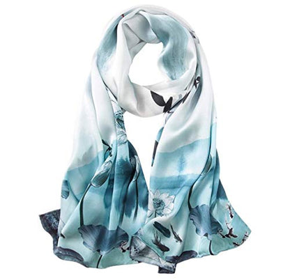 100% Mulberry Silk Long Scarf for Women Large Shawls for Headscarf and Neck- Oblong Hair Wraps with Gift Packed - color: Wash Painting-lotus