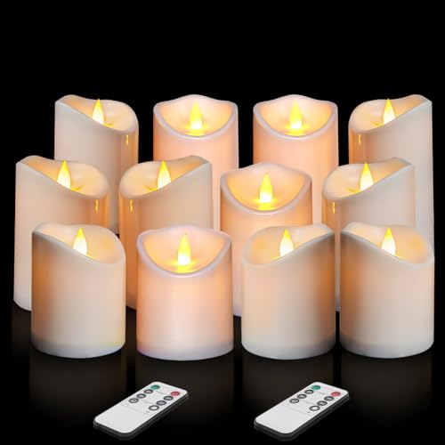 Flameless Candles 4" 5" 6" Outdoor Indoor Pillars Battery Operated Flickering Candles Include 10-Key Remote Timer 400+ Hours by 2 AA Batteries (White Candle - Warm light, 3"D x 4"|5"|6" H - 12 Pack) - color: White Candle - Warm light, size: 3"D x 4"|5"|6"