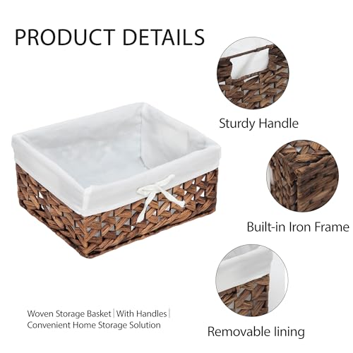 Water Hyacinth Storage Basket Small with Metal Frame & Removable Liner, 11.8”×7.9”×5.5” Rectangular Woven Organizer Bin for Bathroom Vanity, Desk, Nursery, Closet, Home Organization