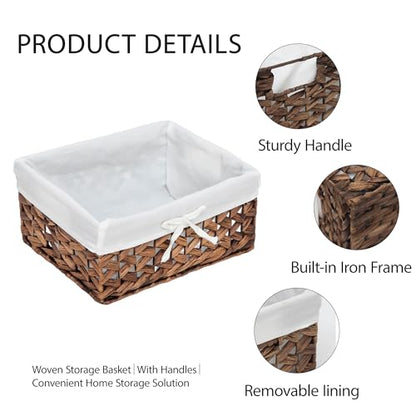Water Hyacinth Storage Basket Small with Metal Frame & Removable Liner, 11.8”×7.9”×5.5” Rectangular Woven Organizer Bin for Bathroom Vanity, Desk, Nursery, Closet, Home Organization