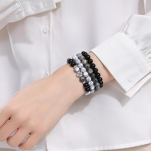 Fengling 4 PCS Beaded Crystal Bracelet for Women 8mm Natural Gemstones Handmade Bracelet for Girls Healing Stretch Bracelets Crystal Jewelry for Women Gifts - color: Map stone&Black pure obsidian &White turquoise