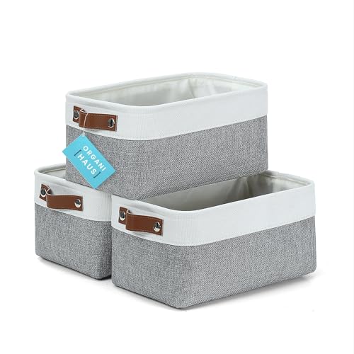 OrganiHaus 12x8in Canvas Storage Baskets 3 Pack | SMALL Fabric Bins for Shelves | Pantry & Bathroom Organizer | Gray/Off-White - color: Gray / Off-White, size: Small - 3pc