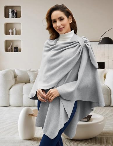 PULI Womens Large Cross Front Poncho Sweater Wrap Topper Knitted Elegant Shawls Cape for Fall Winter - color: 1-grey