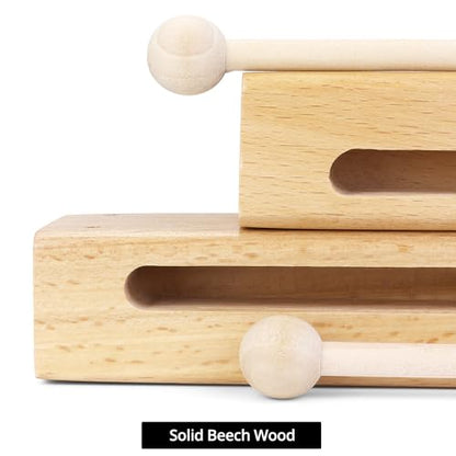 QWORK Wood Percussion Instrument Set - 2 Pack Wooden Sound Blocks with Mallets, for Concerts, Recordings & Community Bands