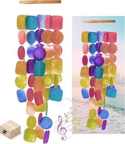 Bellaa Wind Chimes Outdoor, Garden Decorations, Musical, Indoor/Outside Windchimes, Beach, Ocean, Breeze, Gifts for Mom, Gift for All Occasions, Capiz Sea Glass Shells Wood Retro Rainbow - color: Retro Rainbow